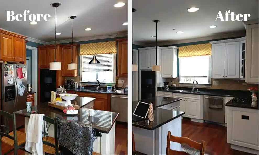 The image shows a before and after of refinished kitchen cabinets, the before shows light brown wood cabinets and the after shows white cabinets.